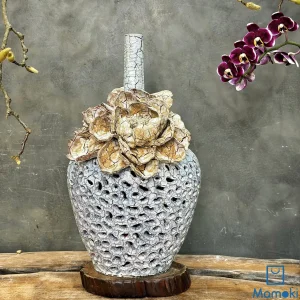 Bình Gốm Men Khô Cổ Cao "Bạch San Hô" - Hiệu Ứng Rỗ Xốp & Hoa Sa Thạch Đắp Nổi