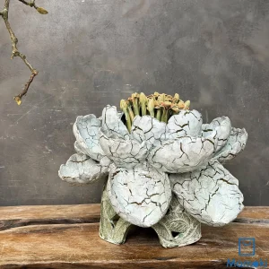 Bình Gốm Men Khô Điêu Khắc "Bạch Liên Nẻ Khô" - Dáng Hoa Khổng Lồ & Chân Đế Khắc Lộng