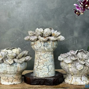 Bộ Chậu Gốm Men Khô Dáng Đôn "Băng Sa Tọa Liên" - Hiệu Ứng Nẻ Khô & Hoa Đắp Nổi 3D
