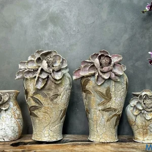 Bộ Bình Gốm Men Khô "Mộc Diệp Sa Thạch" - Hiệu Ứng Nẻ Khô, Hoa & Lá Đắp Nổi 3D