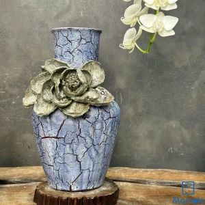 Bình Gốm Men Khô Cổ Cao "Lam Thạch Thanh Liên" - Hiệu Ứng Nẻ Khô & Hoa Đắp Nổi 3D