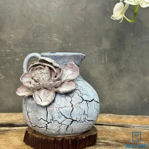 Bình Gốm Men Khô Dáng Bình Rót "Lam Ngọc Tử Liên" - Hiệu Ứng Nẻ Khô & Hoa Đắp Nổi 3D