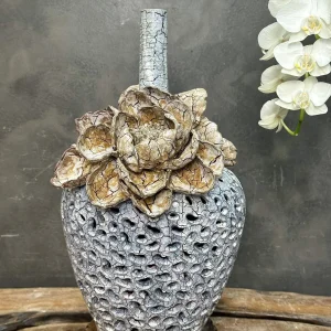Bình Gốm Men Khô Cổ Cao "Lam San Hô" - Hiệu Ứng Rỗ Xốp & Hoa Sa Thạch Đắp Nổi 3D