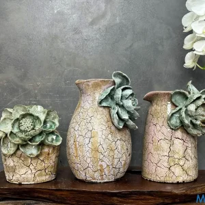 Bộ Bình Chậu Men Khô "Lục Ngọc Sa Thạch" - Hiệu Ứng Nẻ Khô & Hoa Đắp Nổi 3D