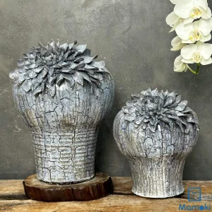 Bộ Bình Gốm Men Khô "Bách Diệp Thanh Thạch" - Hiệu Ứng Nẻ Khô & Hoa Đắp Nổi 3D Cánh Nhọn