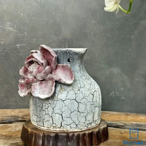 Bình Gốm Men Khô Dáng Chuông "Thanh Thạch Tử Liên" - Hiệu Ứng Nẻ Khô & Hoa Đắp Nổi 3D