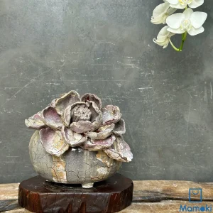 Chậu Gốm Men Khô Dáng Bầu Mini "Tro Thạch Tử Liên" - Hiệu Ứng Nẻ Khô & Hoa Đắp Nổi 3D