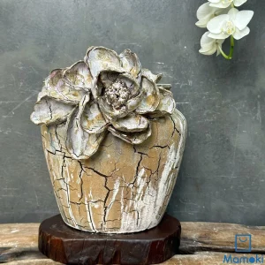 Chậu Gốm Men Khô Dáng Vuốt "Hoàng Thạch Tuyết Liên" - Hiệu Ứng Nẻ Khô & Hoa Đắp Nổi 3D