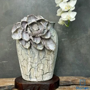 Bình Gốm Men Khô Dáng Trụ Bầu "Tử Liên Sương Sa" - Hiệu Ứng Nẻ Khô & Hoa Đắp Nổi 3D
