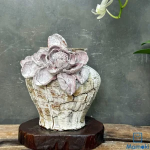 Chậu Gốm Men Khô Dáng Bầu "Thổ Thạch Tử Liên" - Hiệu Ứng Nẻ Khô & Hoa Đắp Nổi 3D
