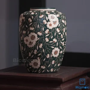 Bình Gốm Biên Hòa Thủ Công Khắc Chìm Họa Tiết Hoa Dây Men Xanh Rêu Đẳng Cấp
