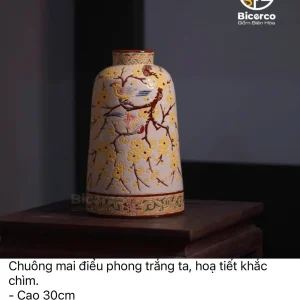 Bình Gốm Biên Hòa Chuông Mai Điểu Phong Trắng Ta Khắc Chìm Thủ Công Cao Cấp