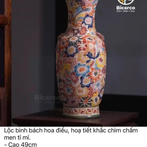 Lộc Bình Bách Hoa Điểu Gốm Biên Hòa Khắc Chìm Chấm Men Tỉ Mỉ Cao Cấp