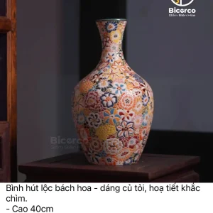 Bình Hút Lộc Bách Hoa Dáng Củ Tỏi Gốm Biên Hòa Họa Tiết Khắc Chìm Cao Cấp
