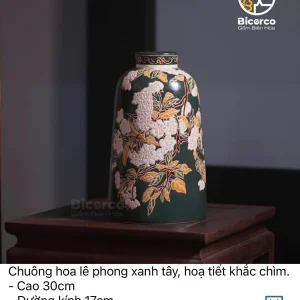 Bình Gốm Biên Hòa Chuông Hoa Lê Phong Xanh Tây Họa Tiết Khắc Chìm Cao Cấp