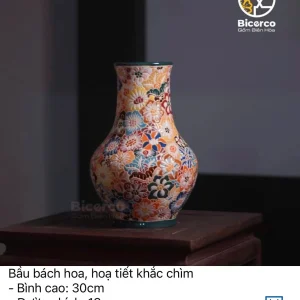 Bầu Bách Hoa Gốm Biên Hòa Họa Tiết Khắc Chìm Cao Cấp