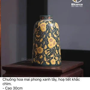Bình Gốm Biên Hòa Chuông Hoa Mai Phong Xanh Tây Họa Tiết Khắc Chìm Cao Cấp