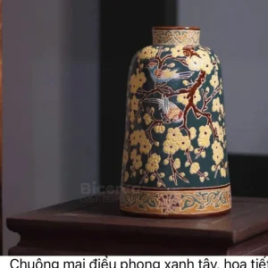 Bình Gốm Biên Hòa Chuông Mai Điểu Phong Xanh Tây Họa Tiết Khắc Chìm Cao Cấp