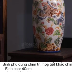 Bình Phù Dung Chim Trĩ Gốm Biên Hòa Họa Tiết Khắc Chìm Cao Cấp