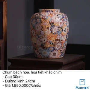 Bình Bách Hoa Gốm Biên Hòa Họa Tiết Khắc Chìm Cao Cấp