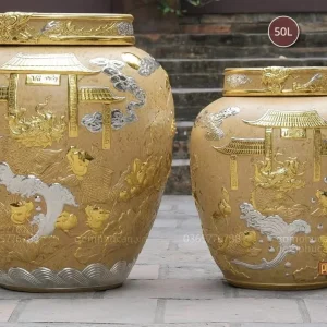 Hũ Gốm Sứ Thử Vàng Vẽ Vàng Kẽm Phong Thủy Họa Tiết Cá Chép Hóa Long Cao Cấp